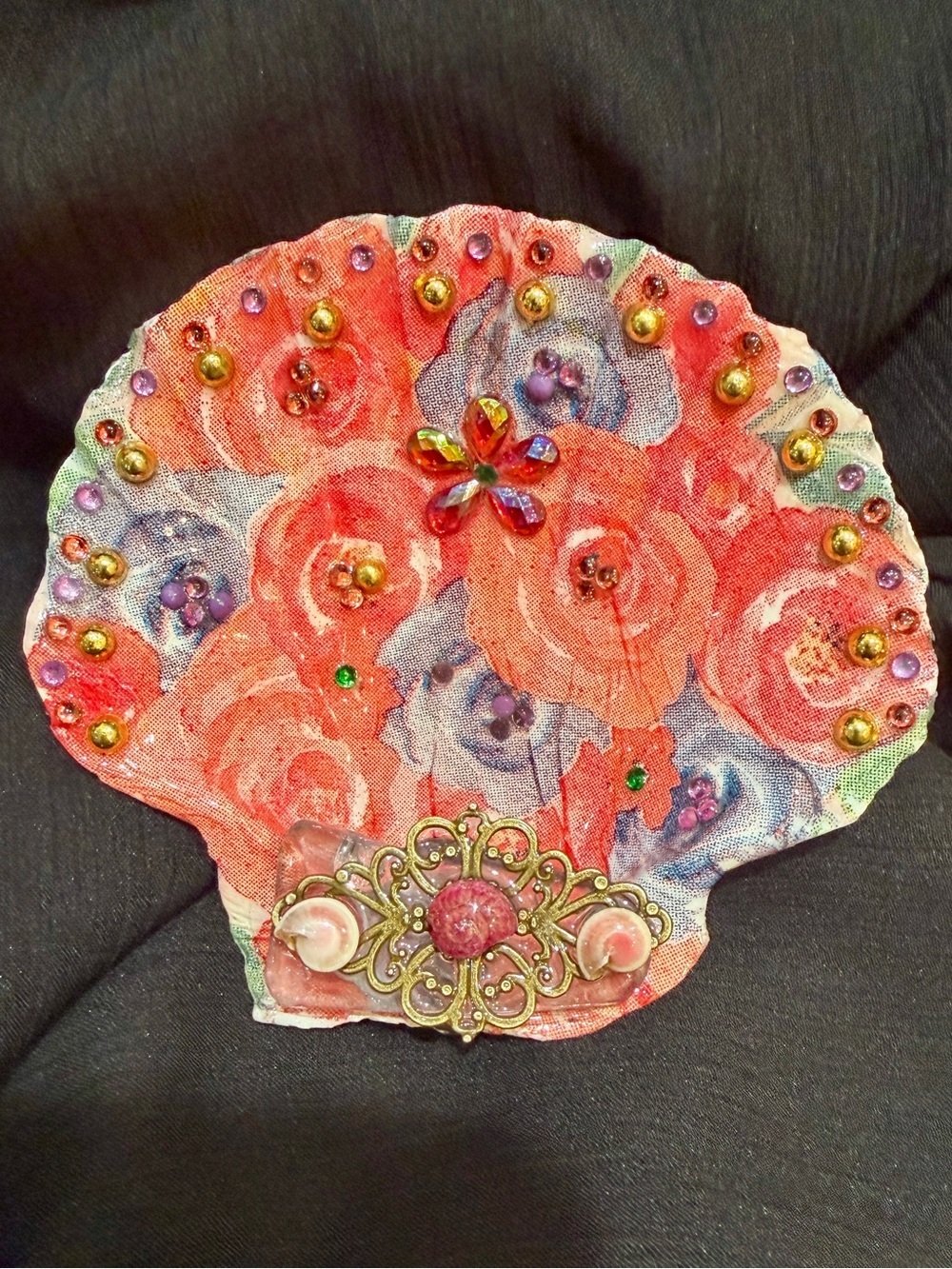 Hand Crafted Multicolor Floral Seashell Trinket Dish